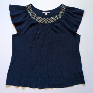 Zac & Rachel Women’s 2X Blouse Navy Blue Gold‎ Embroidered Short Sleeve Rayon